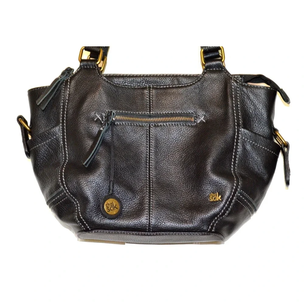 The Sak Black Pebbled Leather Hobo Shoulder Bag Zip Double Handle‎ 3 Section